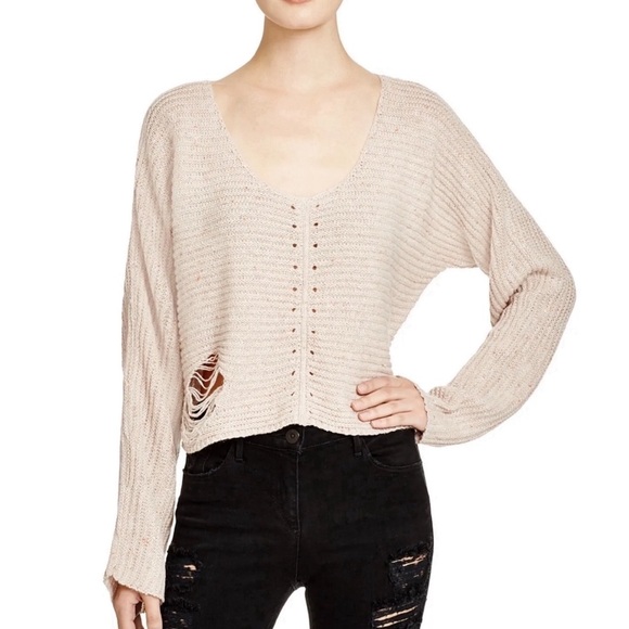 Wildfox Terra Distressed Cropped Ribbed Long Sleeve Sweater Blush Pink Small - Picture 4 of 12